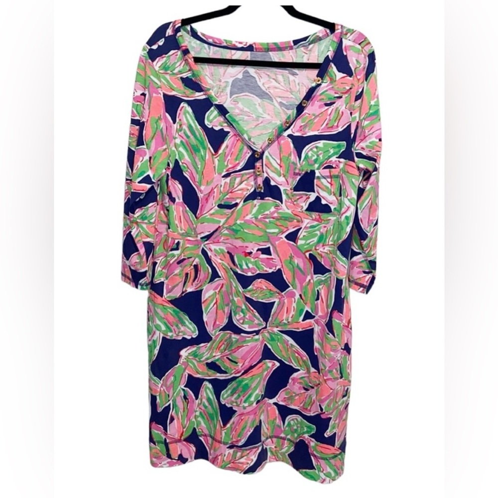 Lilly Pulitzer Womens XLarge Pima Cotton Henley Button Tshirt Dress Tropical